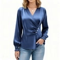 thumbnail image 1 of XUNKUSGA Business Casual Outfits for Women Fashion V Neck Pleated Long Sleeve Going Out Tops Classic Satin Silk Office Work Tops with Elastic Smocked Cuffs Womens Dressy Tops S-2XL Blue, 1 of 6