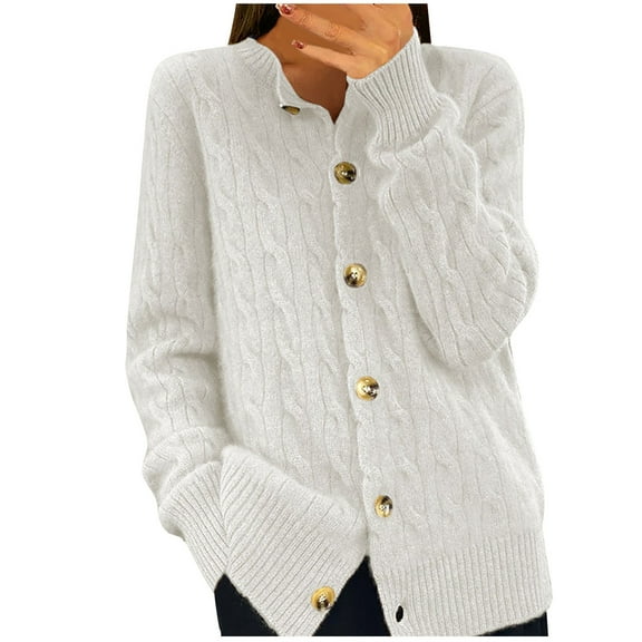 XUNKUSGA Cardigan Sweater Chunky Cable Knit Cardigan Sweaters for Women Casual Round Neck Long Sleeve Button Down Womens Cardigan Loose Fall Sweater S-XL White