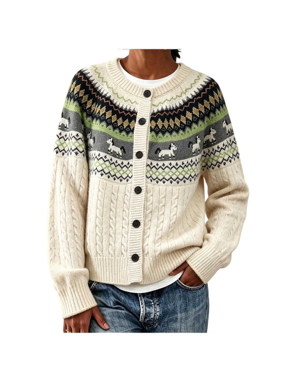 Cardigan Sweaters for Women Classic Vintage Fair Isle Button Down Crew Neck Long Sleeve Ugly Christmas Sweater Lightweight Warm Cozy Vintage Knit Outerwear Cardigan,Size 3XL