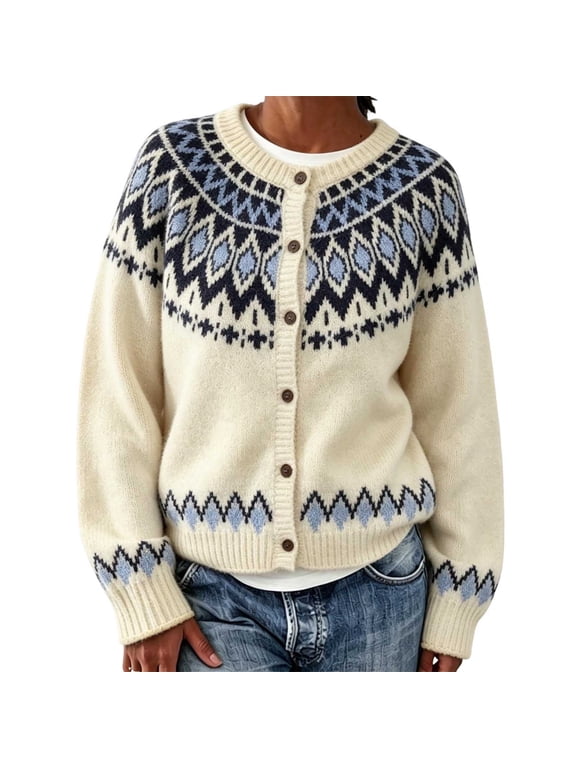 Cardigan Sweaters for Women Classic Vintage Fair Isle Button Down Crew Neck Long Sleeve Ugly Christmas Sweater Lightweight Warm Cozy Vintage Knit Outerwear Cardigan,Size 3XL