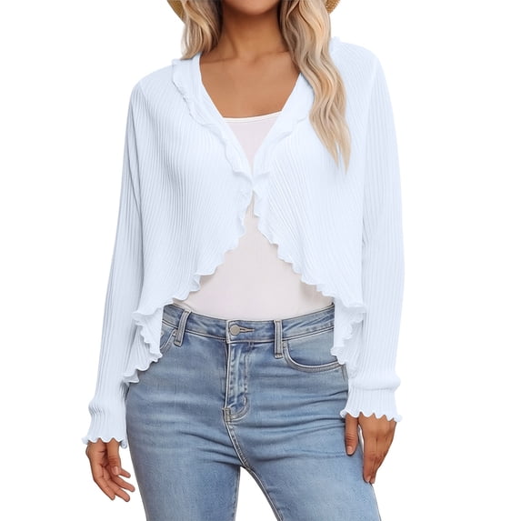 XUNKUSGA Cardigans for Women Fashion Ruffle Trim Long Sleeve Sheer Chiffon Cardigan Classic Soild Color Open Front Cropped Shrugs for Dresses Summer Lightweight,