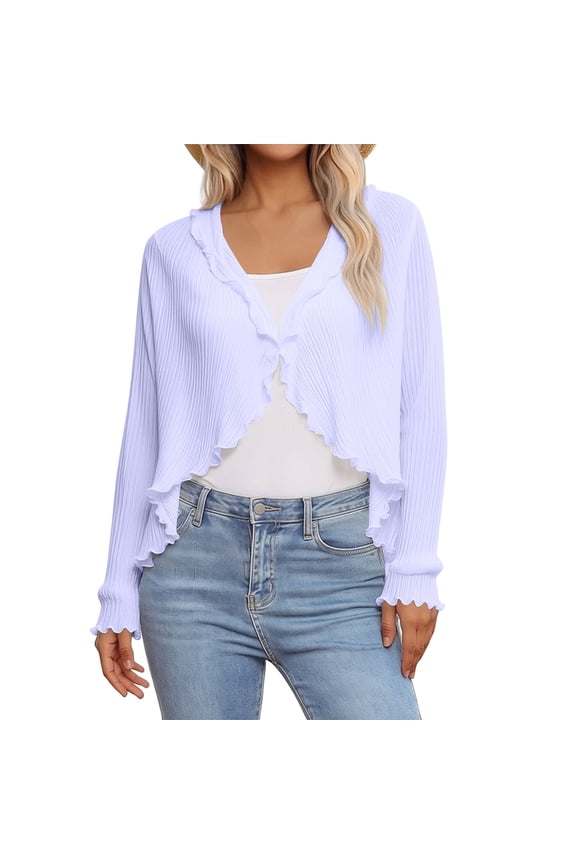 Cardigans for Women Fashion Ruffle Trim Long Sleeve Sheer Chiffon Cardigan Classic Soild Color Open Front Cropped Shrugs for Dresses Summer Lightweight,