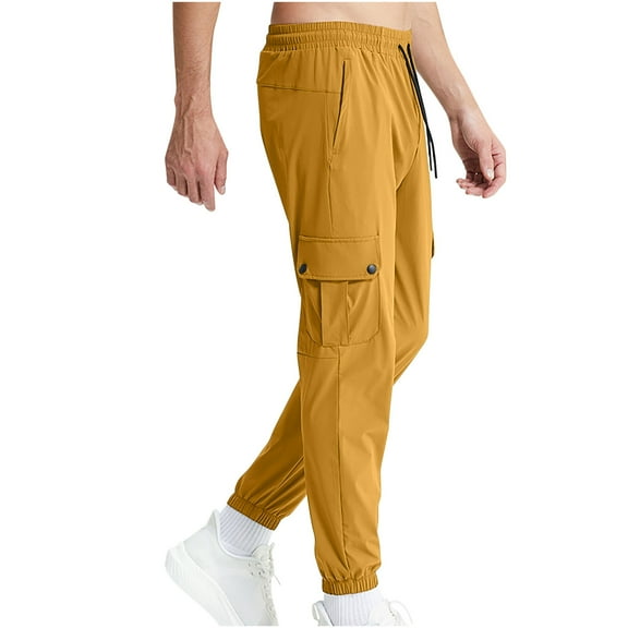 XUNKUSGA Cargo Pants for Men Drawstring Elastic Waist Joggers for Men Stretch Relaxed Fit Hiking Pants Lightweight Casual Tapered Sweatpants with Flat Pockets M-3XL
