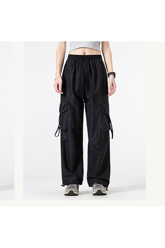 Cargo Pants Women Loose Elastic Waist Pants for Women Fashion Drawstring Hiking Pants Women Classic Wide Leg Y2k Parachute Pants Trendy Hip Hop Harem Pants with Multiple Pockets M-2XL Black