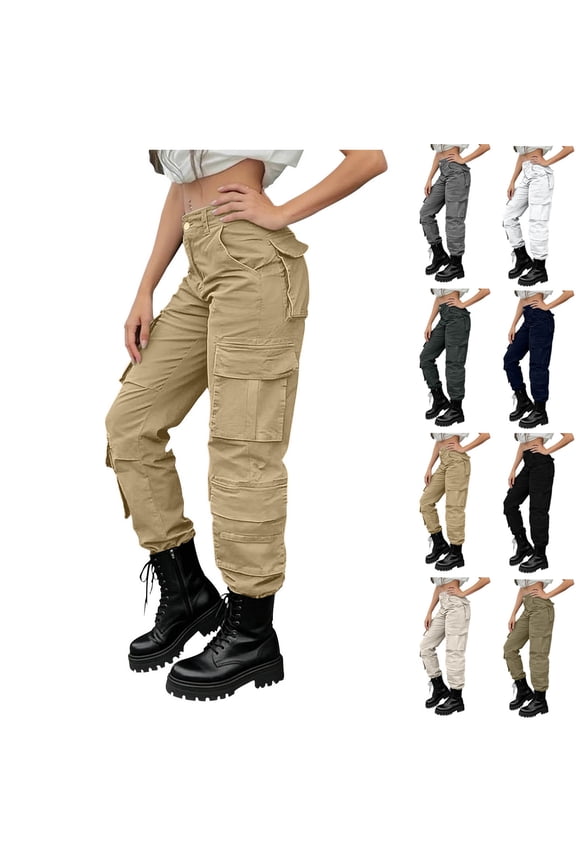 Cargo Pants Women Soild Color High Waisted Baggy Pants Y2k Straight Wide Leg Pants Woman Fashion Stretchy Y2k Streetwear Women with Flap Pockets White