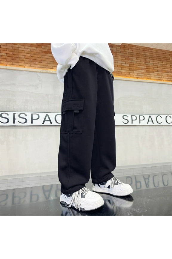 Cargo Sweatpants 4-12 Years Open Bottom Cotton Boys Sweat Pants Drawstring Elastic Waist Boys' Pants Comfortable Straight Leg Boys Athletic Pants with Flap Pockets