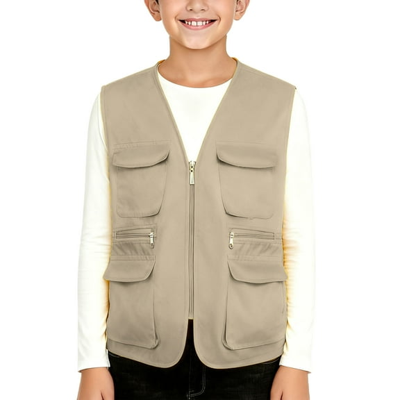 XUNKUSGA Cargo Vest for Kids 5-13 Years Casual Solid Color Volunteer Travel Hunting Vest Classic Safari Reflective Safety Vest with Pockets Fashion Spring Fall V Neck Sleeveless Cargo Jacket Brown