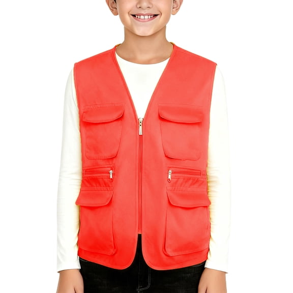 XUNKUSGA Cargo Vest for Kids 5-13 Years Casual Solid Color Volunteer Travel Hunting Vest Classic Safari Reflective Safety Vest with Pockets Fashion Spring Fall V Neck Sleeveless Cargo Jacket Orange