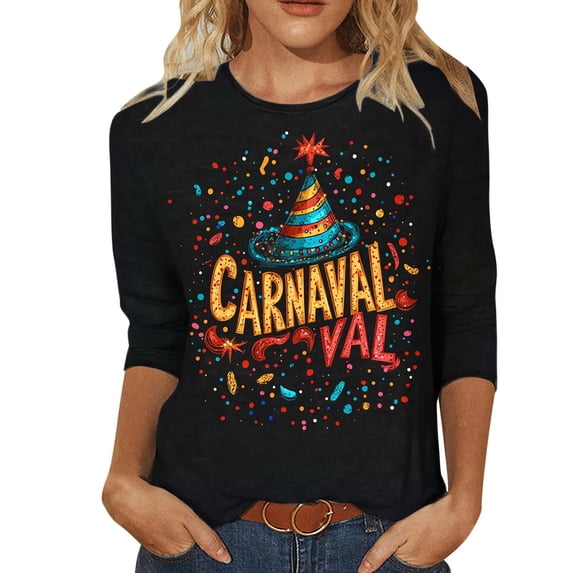 XUNKUSGA Carnival Tops for Women Fashion Printed Going Out Tops Classic Loose Casual Crew Neck 3/4 Sleeve Pullover Womens Tops Comfortable Lightweight Blouses for Women S-16XL Black
