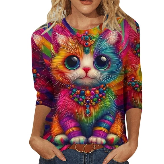 XUNKUSGA Carnival Tops for Women Fashion Printed Going Out Tops Classic Loose Casual Crew Neck 3/4 Sleeve Pullover Womens Tops Comfortable Lightweight Blouses for Women S-48XL Red