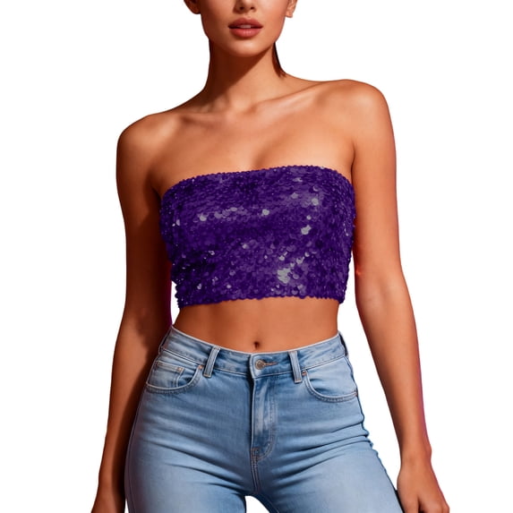 XUNKUSGA Carnival Tube Tops for Women Fashion Y17k Sparkly Sequin Strapless Going Out Tops Comfortable Slim Fit Crop Short Length Tank Tops for Women Party Clubwear Purple