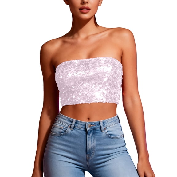 XUNKUSGA Carnival Tube Tops for Women Fashion Y20k Sparkly Sequin Strapless Going Out Tops Comfortable Slim Fit Crop Short Length Tank Tops for Women Party Clubwear White