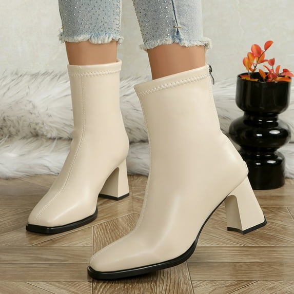 XUNKUSGA Chelsea Boots Women Fashion Square Toe Rear Zipper Boots for Women Comfortable Chunky Heel Mid Calf Womens Boots Casual Solid Color Winter Short Boots 5.5-8.5 Beige
