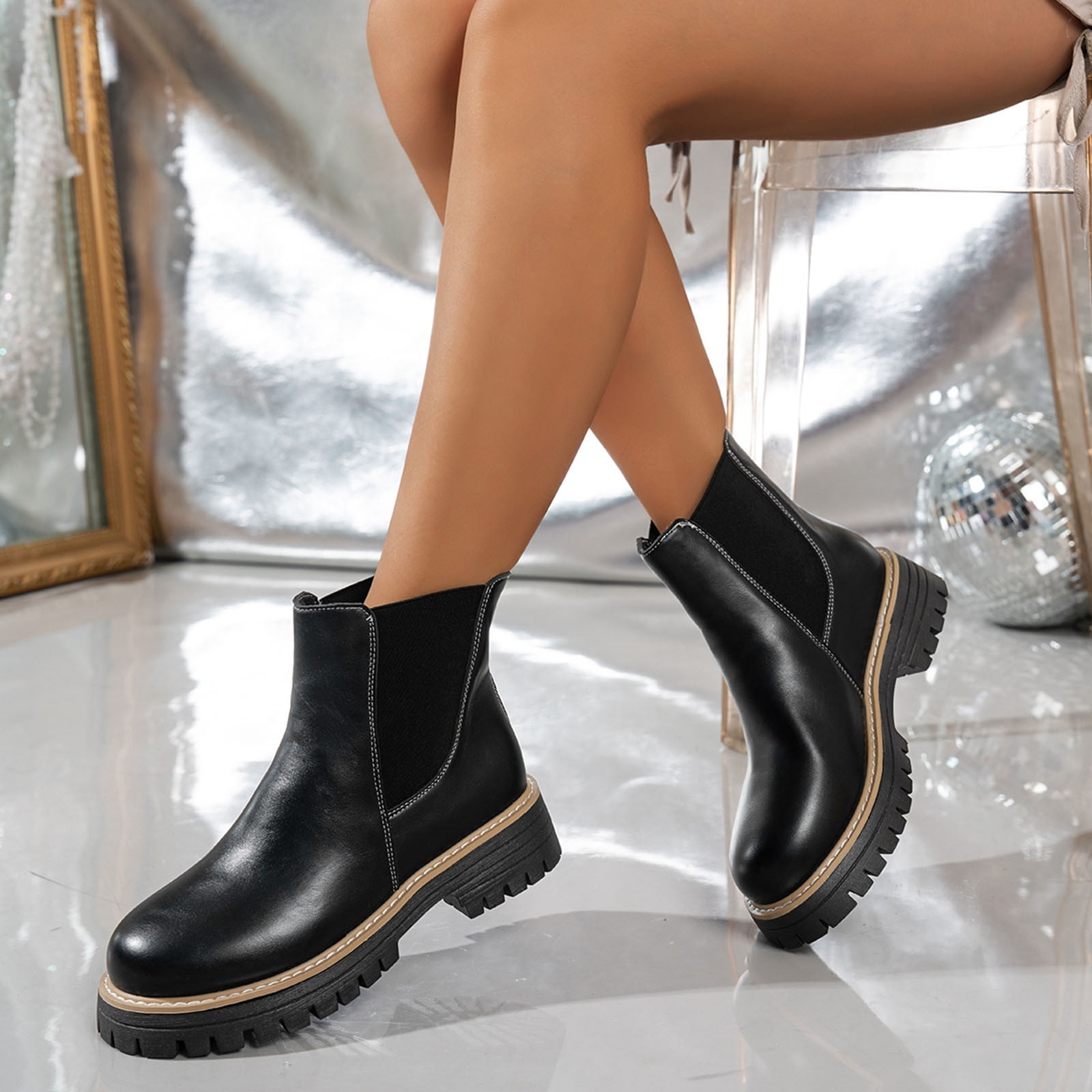 XUNKUSGA Chelsea Boots Women with Elastic Low Wedge Heel  display picture 1