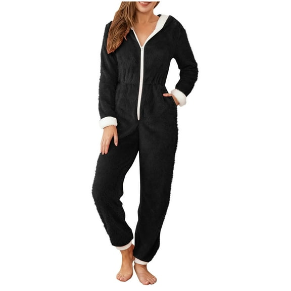 XUNKUSGA Christmas Onesie for Women Soft Fleece Warm Romper Sleepwear Casual Zipper Jumpsuit Pajama Loungewear with Cute Christmas Hat Fashion Unisex Adult Onesie S-2XL Black