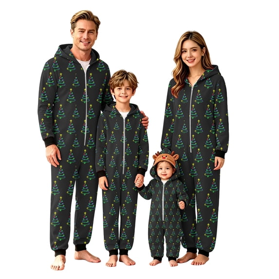 XUNKUSGA Christmas Pajamas for Family Classic Print Hooded Fleece Zip Up Jumpsuit Pjs Soft Skin Friendly Long Sleeve Family Matching Christmas Onesie Pajamas Holiday Loungewear,Size 0-3 M