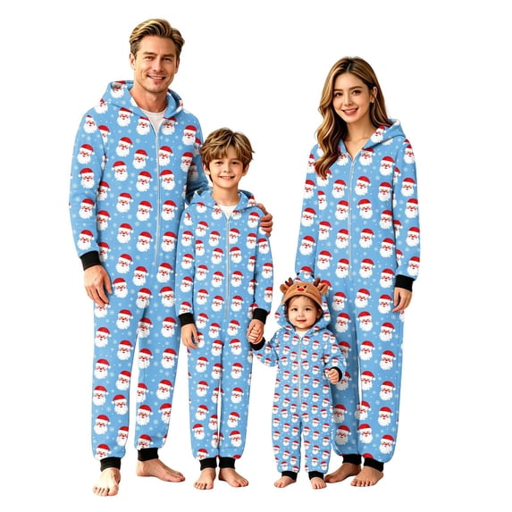 XUNKUSGA Christmas Pajamas for Family Classic Print Hooded Fleece Zip Up Jumpsuit Pjs Soft Skin Friendly Long Sleeve Family Matching Christmas Onesie Pajamas Holiday Loungewear,Size 6-9 M