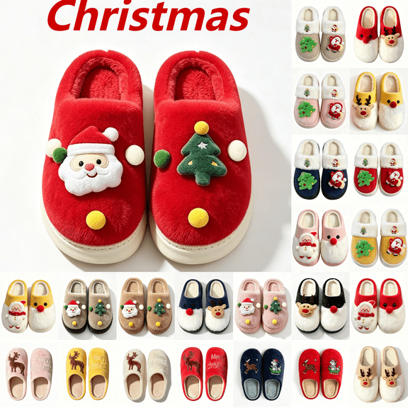 XUNKUSGA Christmas Slippers for Women Soft Warm House Slippers Cute Cartoon Fuzzy Slippers Cozy Winter Closed Toe Slip On Womens Bedroom Slippers with Memory Foam Indoor/Outdoor