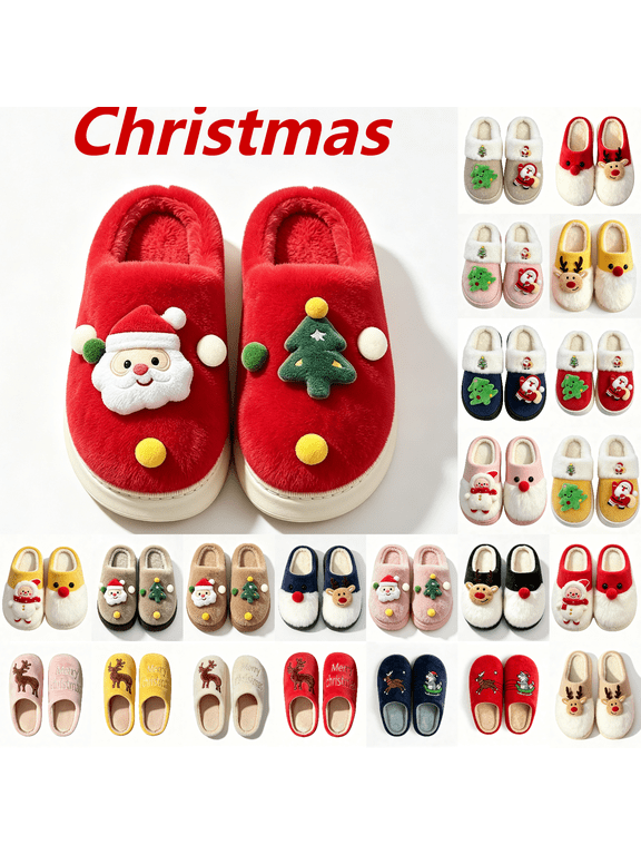 Christmas Slippers for Women Soft Warm House Slippers Cute Cartoon Fuzzy Slippers Cozy Winter Closed Toe Slip On Womens Bedroom Slippers with Memory Foam Indoor/Outdoor