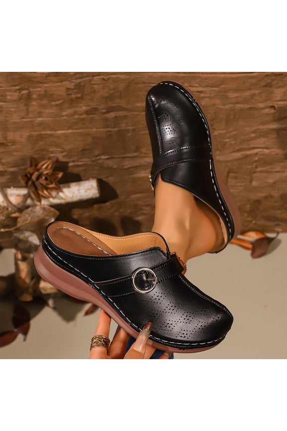 Clogs for Women Comfortable Slip On Closed Toe Mules Shoes Summer Casual Leather Walking Shoes Women Classic Backless Low Wedge Slippers for Women with Adjustable Hook Loop 5.5-9.5 Black