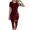thumbnail image 1 of XUNKUSGA Cocktail Dresses for Women Fashion Patchwork PU Leather Zipper Split Hem Bodycon Dresses Summer Classic Crewneck Short Sleeve Prom Dress,Red,S, 1 of 7