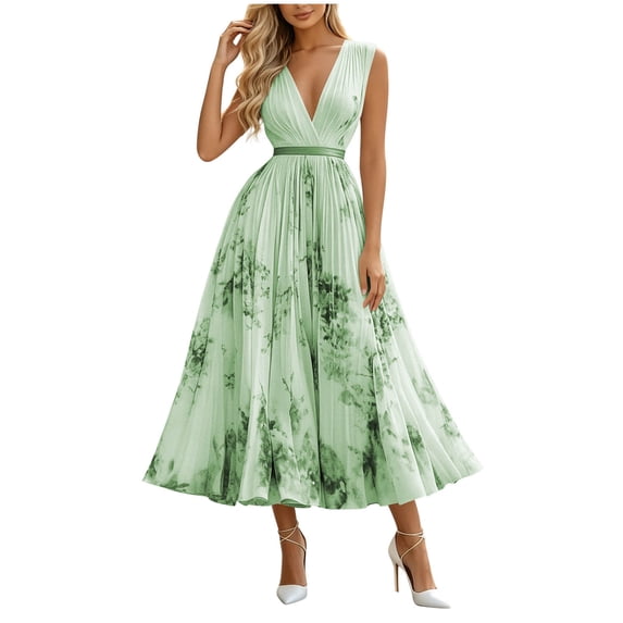 XUNKUSGA Cocktail Dresses for Women Fashion Sleeveless Deep V Neck Midi Dress Fashion Print Pleated Belted Waist Wedding Guest Dress Comfortable Formal Dress,Green,S