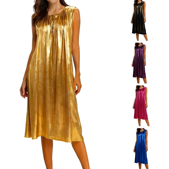 XUNKUSGA Cocktail Dresses for Women Fashion Sparkly Metallic Womens Dresses Trendy Crewneck Sleeveless Tank Swing A Line Dress for summer Party Dinner,Pink,M