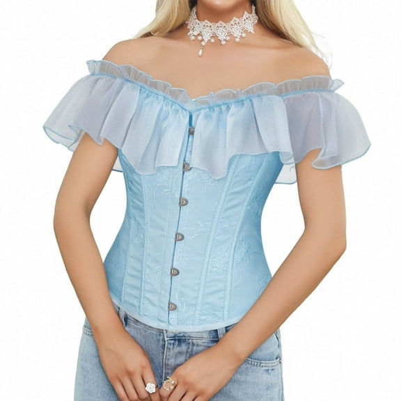 XUNKUSGA Corset Tops for Women Lace Up Off Shoulder Renaissance Corset Fashion Floral Overbust Corset Tops for Women Vintage Lightweight Corset Tops with Back Tie XS-XL Blue