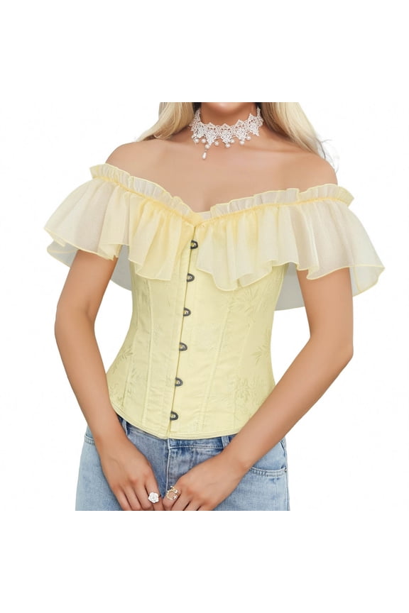 Corset Tops for Women Lace Up Off Shoulder Renaissance Corset Fashion Floral Overbust Corset Tops for Women Vintage Lightweight Corset Tops with Back Tie XS-XL Yellow