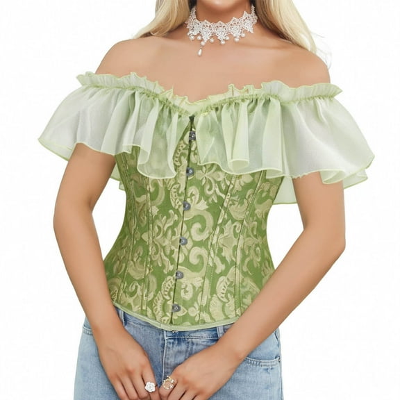XUNKUSGA Corset Tops for Women Lace Up Off Shoulder Renaissance Corset Fashion Floral Overbust Corset Tops for Women Vintage Lightweight Corset Tops with Back Tie XS-XL Green