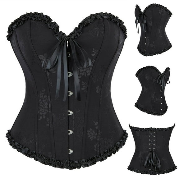 XUNKUSGA Corset Tops for Women Renaissance Lace Up Trim Corset Top Victorian Floral Steel Boned Corset Bustier Push Up Body Shaper Tummy Control XS-2XL Black