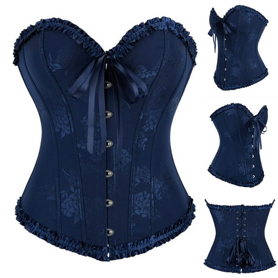 XUNKUSGA Corset Tops for Women Renaissance Lace Up Trim Corset Top Victorian Floral Steel Boned Corset Bustier Push Up Body Shaper Tummy Control XS-2XL Blue