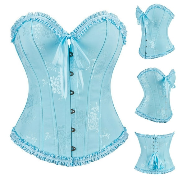 XUNKUSGA Corset Tops for Women Renaissance Lace Up Trim Corset Top Victorian Floral Steel Boned Corset Bustier Push Up Body Shaper Tummy Control XS-2XL Blue