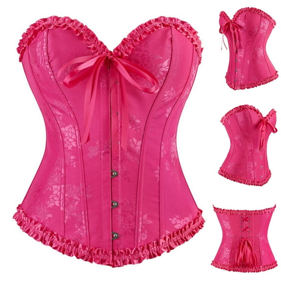 XUNKUSGA Corset Tops for Women Renaissance Lace Up Trim Corset Top Victorian Floral Steel Boned Corset Bustier Push Up Body Shaper Tummy Control XS-2XL Pink