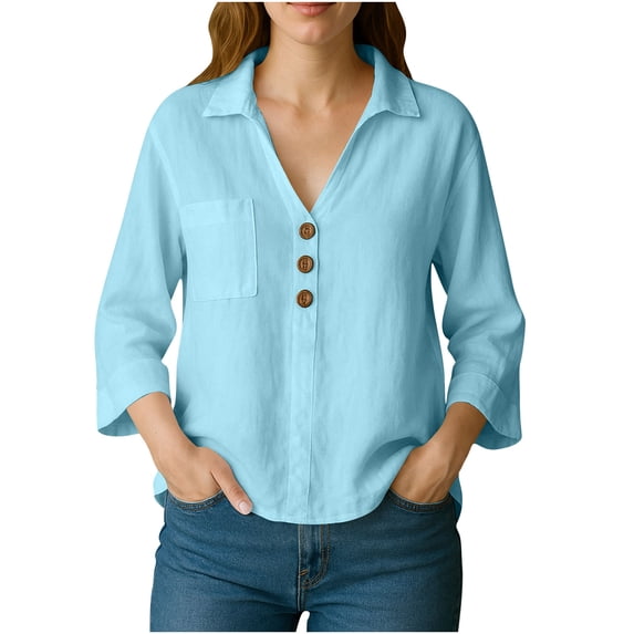 XUNKUSGA Cotton Linen Tops for Women V-Neck 3 Button Womens Tops Casual Long Sleeve Button-Down Collar Ladies Tops and Blouses Regular Soild Color Tunic Shirts Going Out Tops with Pocke S-3XL Blue