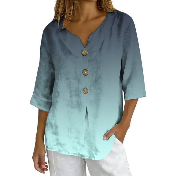 XUNKUSGA Cotton Linen Tops for Women Floral Button Down V Neck 3/4 Sleeve Shirts for Women Loose Blouses for Women Basic Solid Tunic Tops S-2XL Blue