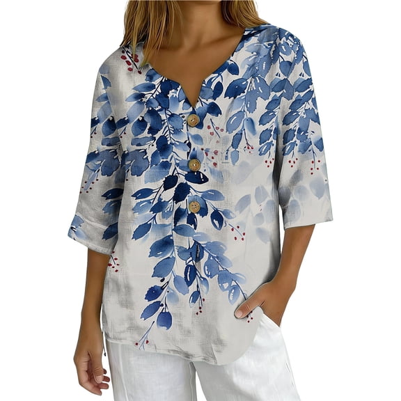 XUNKUSGA Cotton Linen Tops for Women Floral Button Down V Neck 3/4 Sleeve Shirts for Women Loose Blouses for Women Basic Solid Tunic Tops S-2XL White