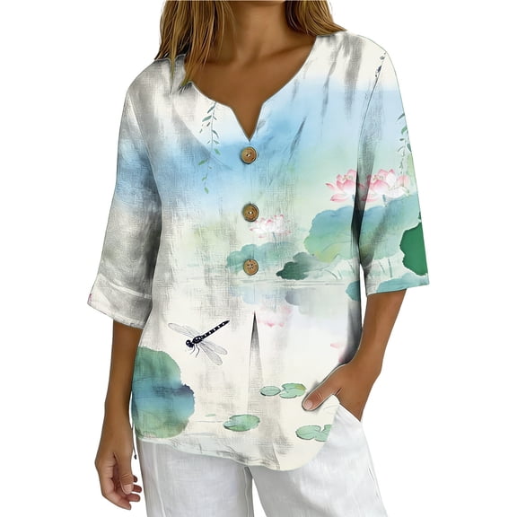 XUNKUSGA Cotton Linen Tops for Women Floral Button Down V Neck 3/4 Sleeve Shirts for Women Loose Blouses for Women Basic Solid Tunic Tops S-2XL White