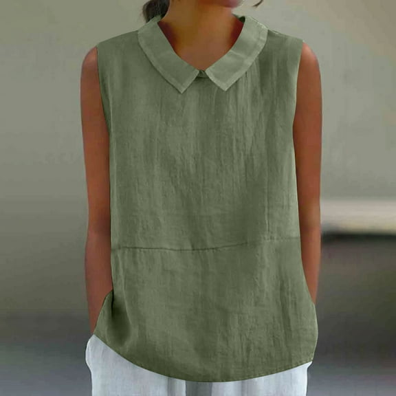 XUNKUSGA Cotton Linen Womens Blouses Casual Solid Color Sleeveless Summer Tops Loose Collar Cute Doll Collar Tops for Women Casual Office Pullover Ladies Tops and Blouses S-2XL Green