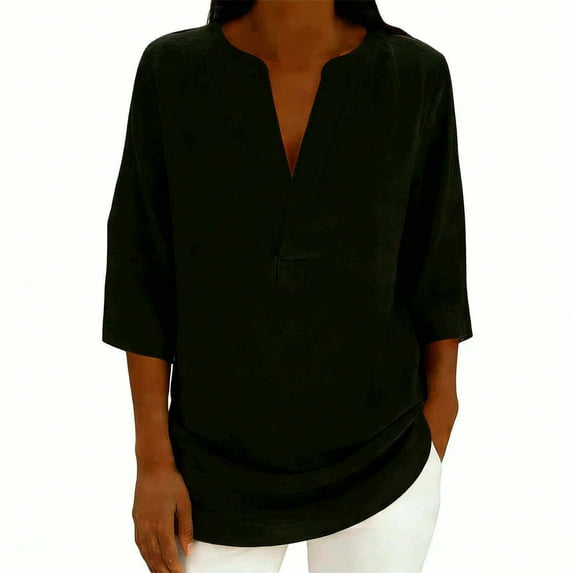 XUNKUSGA Cotton Linen Womens Tops Casual V Neck 3/4 Sleeve Going Out Tops for Women Loose Soild Color Women's T-Shirts Vintage Vacation Blouses for Women Black
