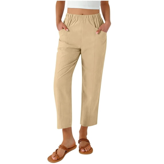XUNKUSGA Cropped Pants for Women Casual Cotton Linen Women's Pants Loose Comfortable Elastic Waist Straight-Leg Trousers Solid Color Ankle Cropped Trouser with Pockets S-2XL,Brown
