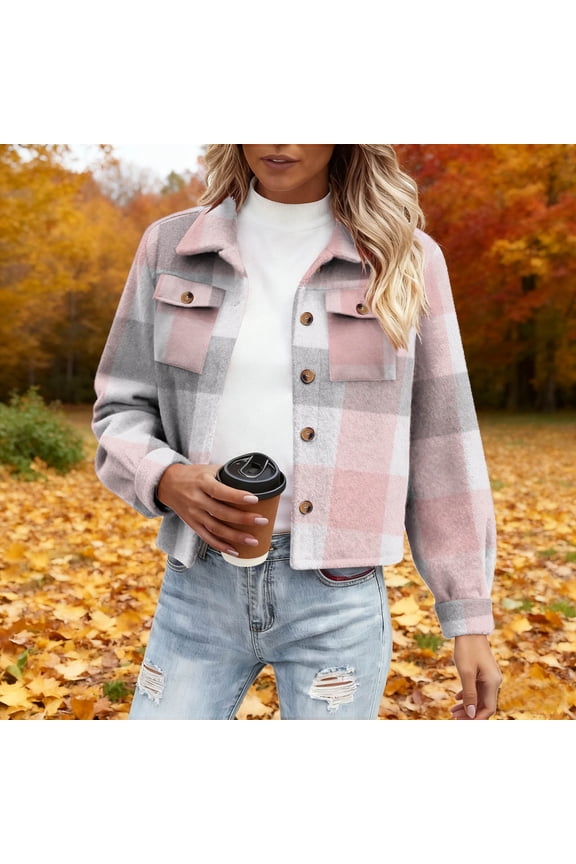 Cropped Women Jackets Fashion Plaid Flannels Shackets for Women Casual Button Down Long Sleeve Lapel Collars Fall Clothes with Pocket S-2XL Pink