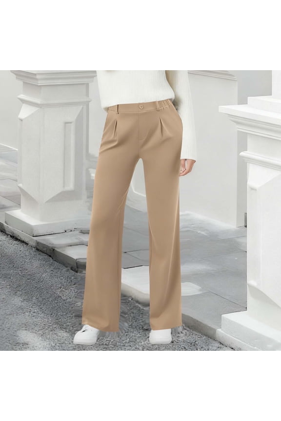 Dress Pants Women Casual Soild Color Elastic High Waisted Work Pant Fashion Front Pleats Pull On Work Pants Women Business Casual Wide Leg Trousers with Pockets S-2XL Brown