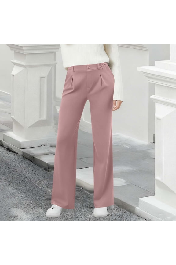 Dress Pants Women Casual Soild Color Elastic High Waisted Work Pant Fashion Front Pleats Pull On Work Pants Women Business Casual Wide Leg Trousers with Pockets S-2XL Pink