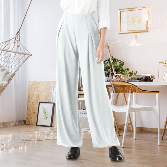 XUNKUSGA Dress Pants for Women Flowy Pleated Wide Leg Pants Woman Classic Solid Color Casual Work Pants Women Elastic High Waisted Palazzo Pants with Pockets S-5XL White