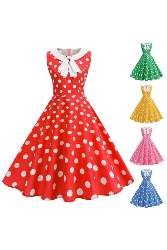 Dresses for Women 1950S Retro Polka Dot Womens Dresses Fashion Sleeveless Crewneck Tie Cocktail Dresses Vintage Classical Swing Dress,Green,L
