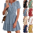 thumbnail image 1 of XUNKUSGA Dresses for Women Casual V Neck Short Sleeve Empire Waist Flowy Boho Mini Dresses Summer Soft Comfortable Ruffle Tiered Wedding Guest Dress,White,S, 1 of 10