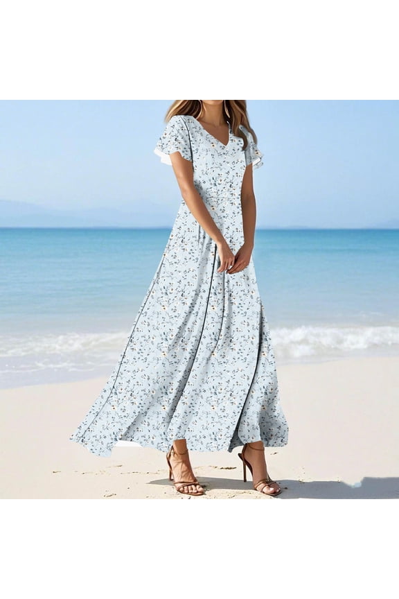 Dresses for Women Floral Ruffled Flutter Short Sleeve V-Neck Long Dress Fashion Casual Boho Flowy Dress Flutterlightweight Breathable Party Dress S-3XL,Multicolor