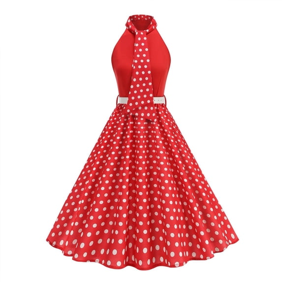XUNKUSGA Dresses for Women Retro Sleeveless Tie Neck Swing Dress Classic Vintage Polka Dot Midi Prom Dress with Belt Evening Party Cocktail Dresses,Red,S
