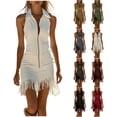 thumbnail image 1 of XUNKUSGA Dresses for Women Vintage V Neck Lapel Sleeveless Zip Summer Dress Soft Suede Tassel Hem Cowgirl Dress Fashion Slim Fit Mini Dress for Cocktail,Brown,S, 1 of 7